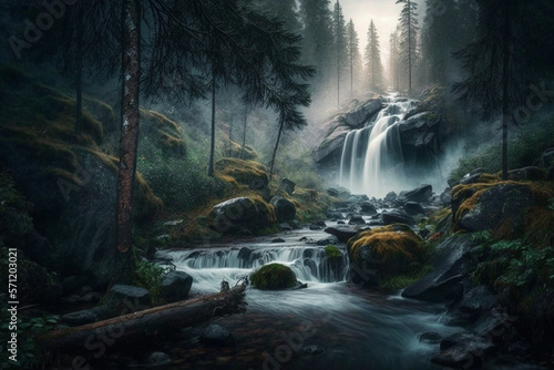 Waterfall in a forest with mist and fog, creating a beautiful and serene landscape. Ai generated © twindesigner