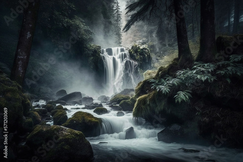 Waterfall in a forest with mist and fog  creating a beautiful and serene landscape. Ai generated