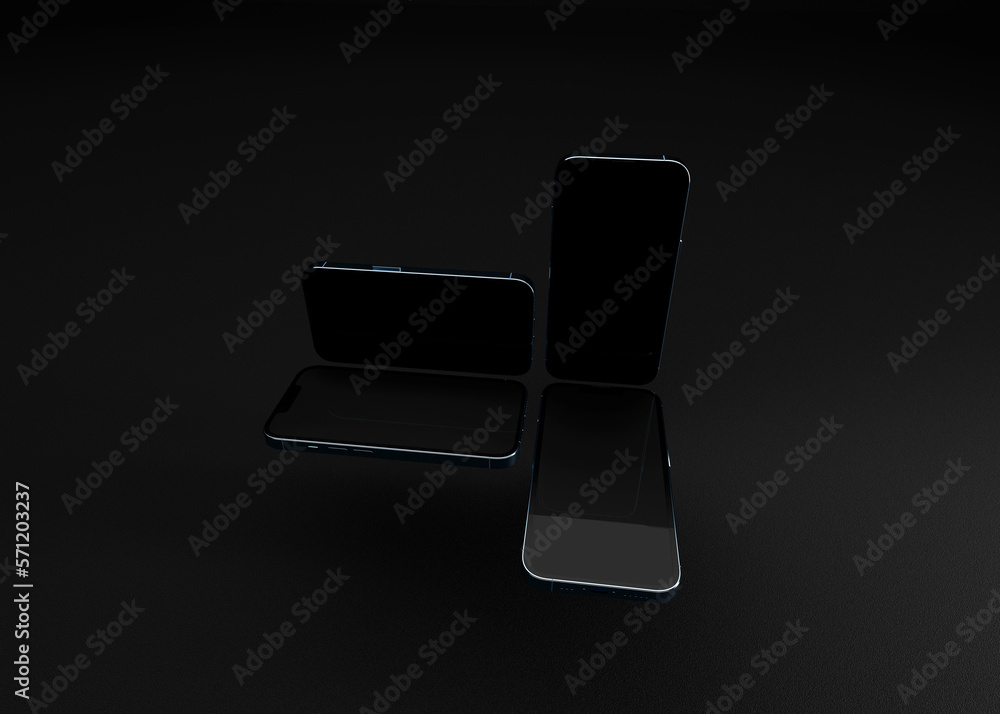 iPhone mockups in 3D on studio background. Positioned in various angles