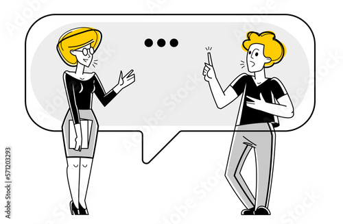 Young man and woman having a dialog about work and business vector outline illustration, employees have a conversation.