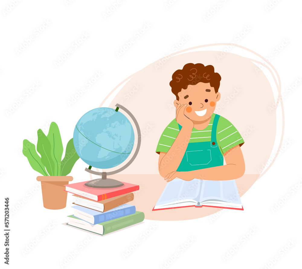 Little boy sits at table and reads book. Student learns lessons at home, at school. On table are stack of books, globe, indoor plant. Concept of children's education, learning. Vector illustration. Little boy sits at table and reads book. Student learns lessons at home, at school. On table are stack of books, globe, indoor plant. Concept of children's education, learning. Vector illustration.