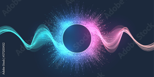 Music poster for electronic festival with dotted lines and waves. Party flyer cover design concept. Distorted music wave equalizer. Abstract amplitude of sound. Vector Illustration