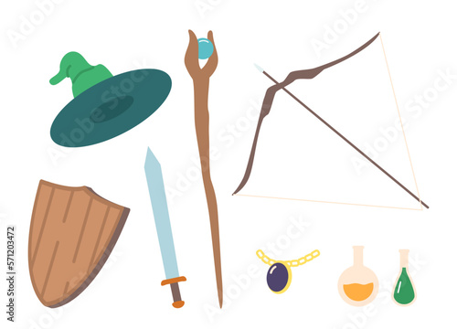 Set Of Fantasy Armor And Wizardry Items. Sorcerer Hat, Potion Bottle, Flask And Magic Staff. Wooden Shield, Sword