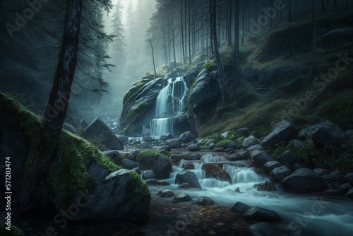 Waterfall in a forest with mist and fog, creating a beautiful and serene landscape. Ai generated © twindesigner