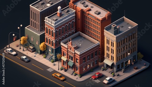 Isometric cityscape with skycrapers, cars and streets