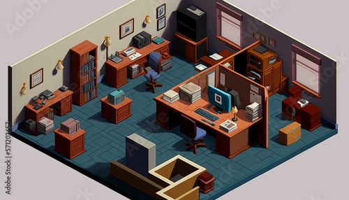 Isometric office interior with shelves, computer on a desk and potted plants