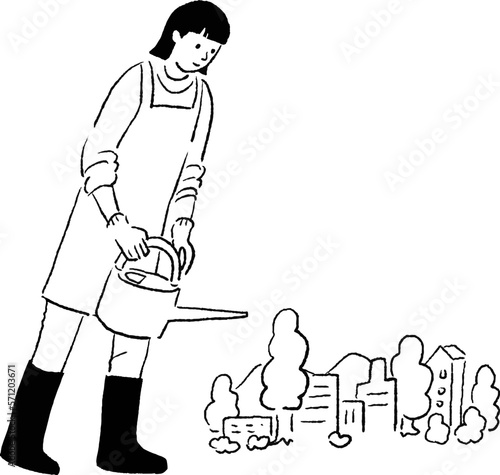 水やりをする女性のベクター線画