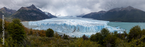 Panorama of the famous glacier and natural sight Perito Moreno with the icy waters of Lago Argentino in Patagonia, Argentina, South America 