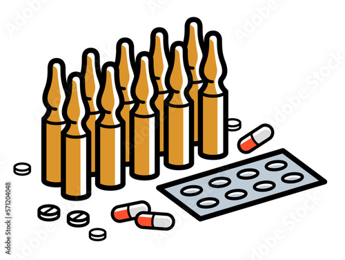 Medicine pharmacy theme medical pills and ampules 3d vector illustration isolated, medicaments and drugs, health care meds cartoon, vitamins or antibiotics, simple linear design.