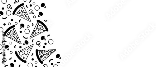 Pizza backdrop. Back line pizza pattern on white background with empty space for text. Vector illustration EPS 10