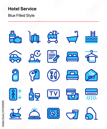 Customizable set of hotel service icons consisting of hotel-related elements, objects, and facilities. Perfect for website, ads, marketing, signage, etc
