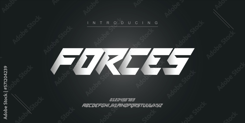 Forces digital modern alphabet new font. Creative abstract urban, futuristic, fashion, sport, minimal technology typography. Simple vector illustration with number