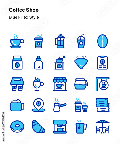 Customizable set of coffee shop icons consisting of beverages, food, and brewing equipment. Perfect for coffee shop business, products, ads, marketing, app, website, catalog menu, etc