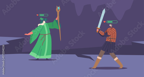 Wizard And Fantasy Warrior Wearing Virtual Reality Headset Fighting While Playing Mmorpg Video Game