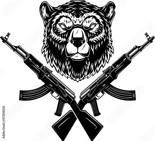 Angry bear head with crossed assault rifles. Design element for poster, emblem, sign. Vector illustration