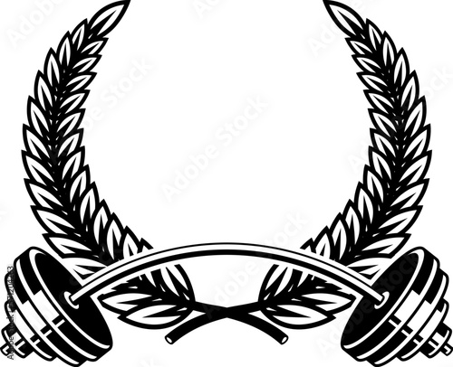 Emblem template with barbell and wreath. Design element for logo, sign, emblem. Vector illustration