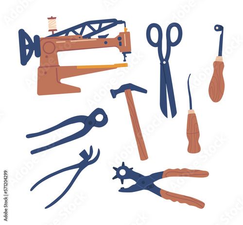 Set Of Boarding Tools. Board Lasts, Cutting Knives, Awl, Stitching And Edge Beveler, Hammer, Welt And Roller