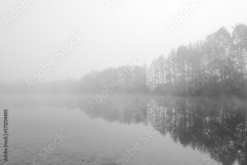 Germeringer See near Germering in Upper Bavaria. Landscape at the lake in the fog. Black and white shot. Foggy morning in nature. 