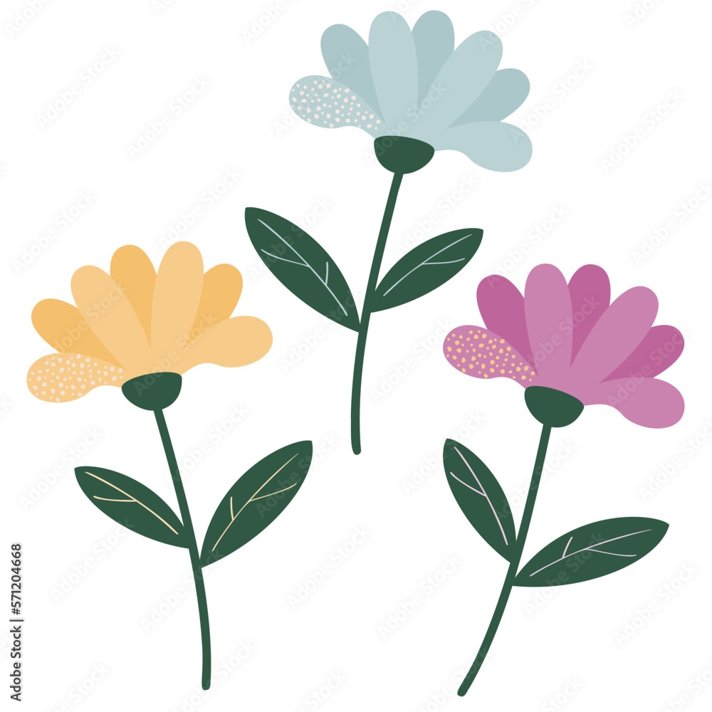 Multicolored flowers. Vector illustration of a stylized plants in cartoon style. Isolated on a white background.