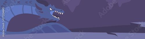Dragon In Dark Cave, Game Background With Large Mythical Creature With Sharp Teeth Inhabiting Dark Cavern