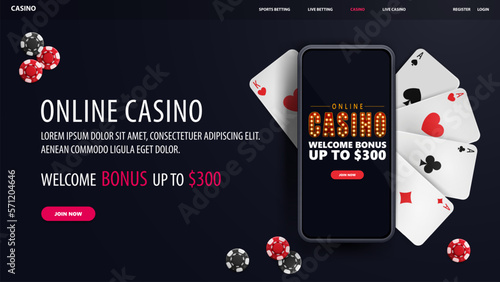 Online casino, banner with smartphone with offer, playing cards and poker chips, top view