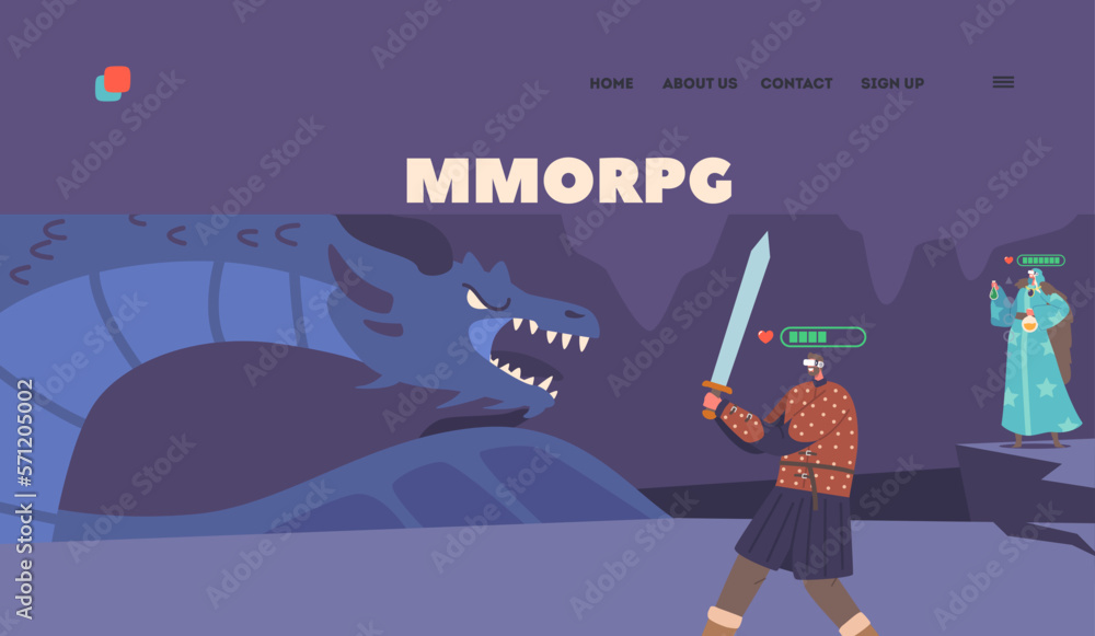 Mmorpg Landing Page Template. Characters In Fantasy Attire And Virtual Reality Headset Playing Video Game