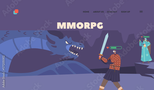 Fototapeta Naklejka Na Ścianę i Meble -  Mmorpg Landing Page Template. Characters In Fantasy Attire And Virtual Reality Headset Playing Video Game