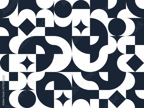 Geometric abstract seamless pattern with black and white simple elements of geometry, wallpaper background in retro 70s style, Bauhaus constructive style tiles.