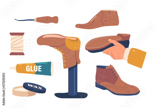 Set Of Boarding Tools With Making And Fixing Shoes. Lasts, Awl, Glue, Shoe, Wax And Polish Isolated On White