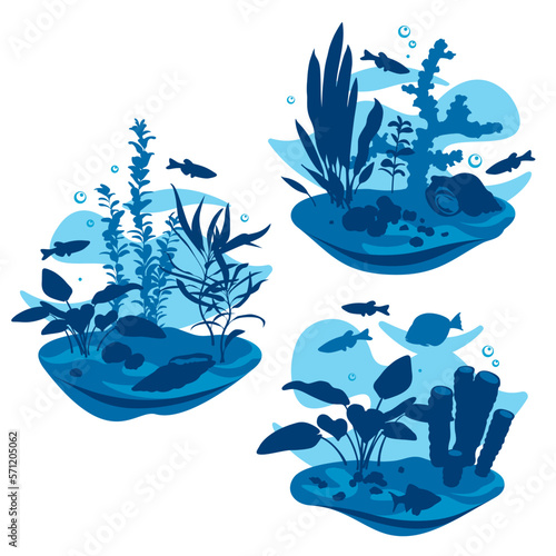 Vector ocean world. Exotic seascapes with seaweeds, fish and corals. Blue background. Aquatic ecosystem. Illustration of underwater life.
