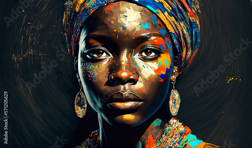 Abstract painting concept. Colorful art portrait of a black woman with modern turban. African culture. Generative AI. photo