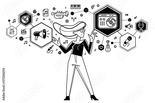 Sound engineer mixing new song in audio recording studio, vector outline illustration of a musician composer doing his job producing new beat.