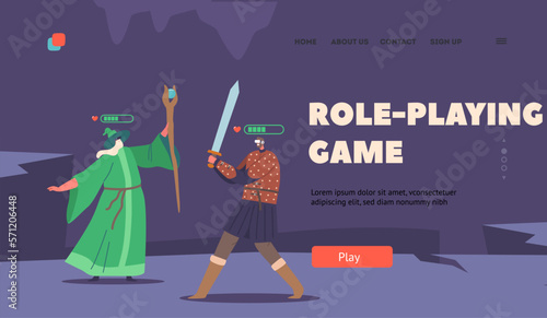 Role Playing Game Landing Page Template. Wizard And Fantasy Warrior Wearing Virtual Reality Headset Fighting