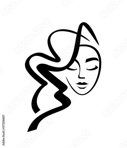 Hairstyle logo. Makeup woman icon. Emblem of a beauty salon. Vector flat style illustration. Beautiful lady avatar. Cosmetology, eyelashes and eyebrows.