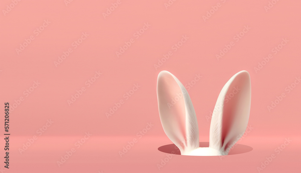 Easter rabbit ears on a light pink background with copy space. Easter template banner. Ai generative.