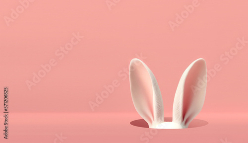 Easter rabbit ears on a light pink background with copy space. Easter template banner. Ai generative.