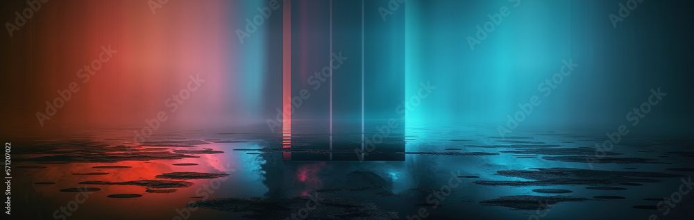 Empty night dark scene with neon light and thick smoke, neon reflection on wet concrete pavement. AI