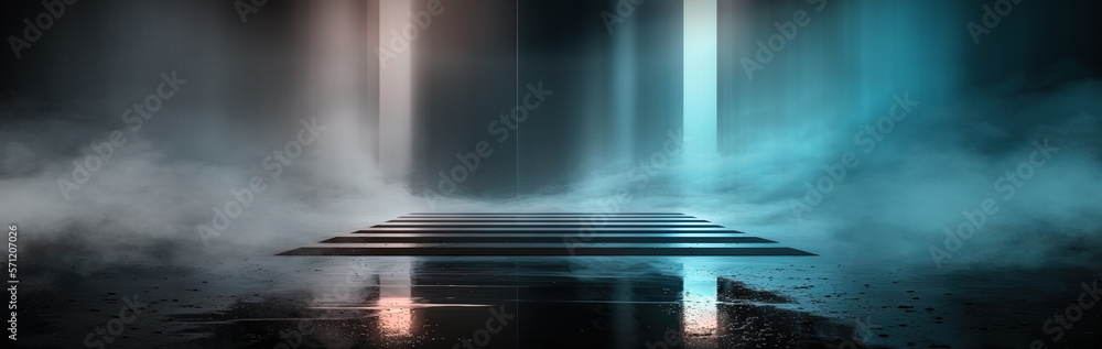 Empty night dark scene with neon light and thick smoke, neon reflection