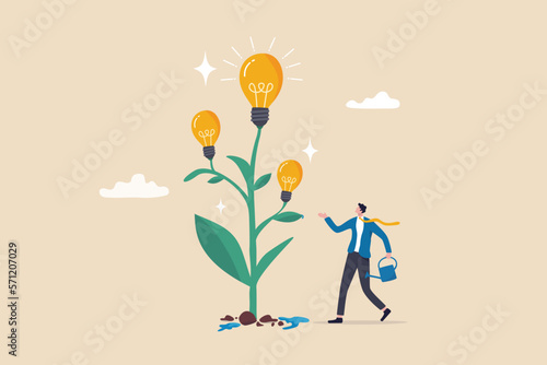 Planting new idea, growing business development, progress or growth strategy, solution, learning, education or creativity concept, smart businessman watering seedling grow high with lightbulb ideas.