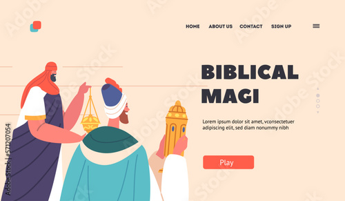Biblical Magi Presenting Frankincense And Myrrh Landing Page. Three Wise Men Show Reverence And Respect For Jesus