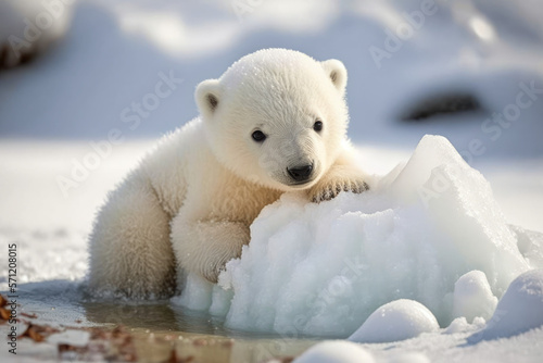 Adorable polar bear in winter, generative AI picture.