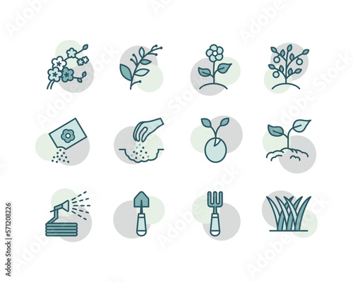 Gardening and seeding activities flat line icons set. Spring season, growing plant shoots, Garden Tools. Simple flat vector illustration for web site or mobile app.