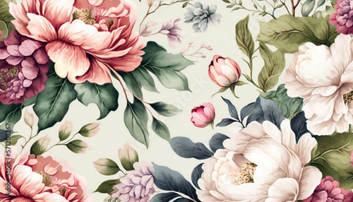 Fototapeta Naklejka Na Ścianę i Meble -   floral pattern with peonies on a summer background, watercolor illustration , generative AI