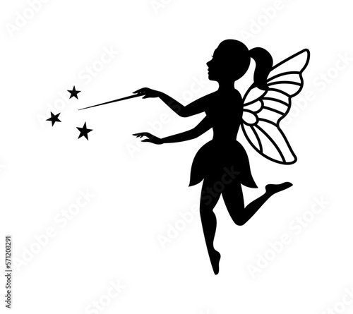 Fairy with a magic wand. Mythical tale character logo. Little creature with wings. Magical fairy in dress
