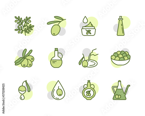 Olive products flat line icons set. Fresh tree fetuses and olive oil in bottles and jugs. Simple flat vector illustration for web site or mobile app.