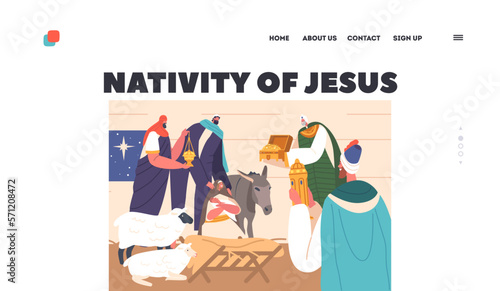 Nativity Of Jesus Landing Page. Three Wise Men Honor Newborn Messiah With Gifts. Balthazar, Caspar And Melchior