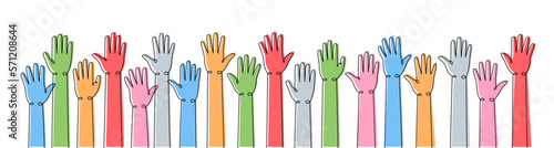 Raised hands one line colored continuous drawing. Collaboration, solidarity continuous colorful one line illustration. Vector linear illustration.