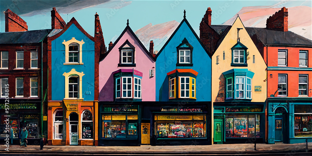 Picturesque commercial street with multicolored shop fronts, generative AI