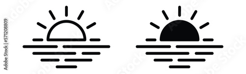 Sunrise and sunset icon. Sun shines or sun ray icon. Sun over sea or ocean icons vector with line and flat style for apps and websites, symbol illustration
