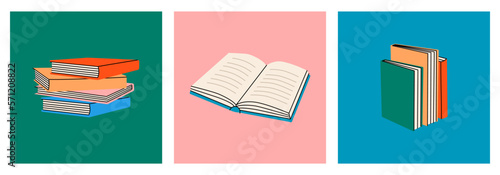 Colored posters with hand drawn closed and open books. Literature, dictionaries, planners isolated on colored background. Library, book shop poster